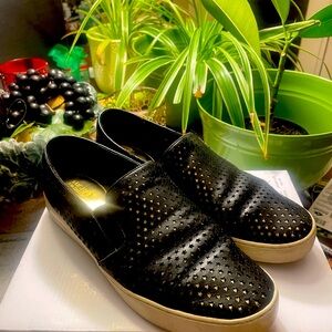 Michael Kors, Black, and gold and white loafers